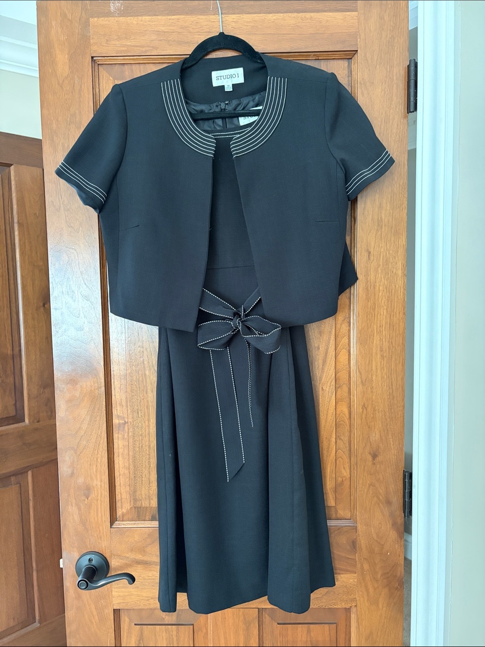 Studio I Black Midi Dress with Cropped Jacket and Contrast Stitching Details